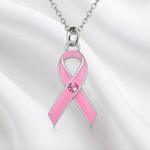 Silver tone & Pink - CZ Crystal Breast Cancer Awareness Necklace - Women Jewelry